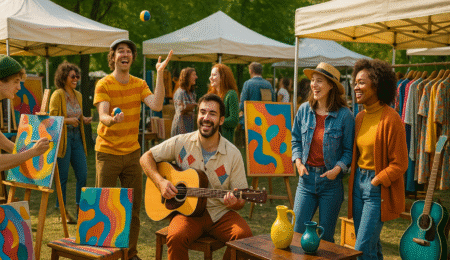 Creative market scene with quirky artists and colourful items at outdoor fair Creative market scene with quirky artists and colourful items at outdoor fair